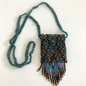 Southwestern Blue/Brown Beaded Medicine Bag Necklace NWOT